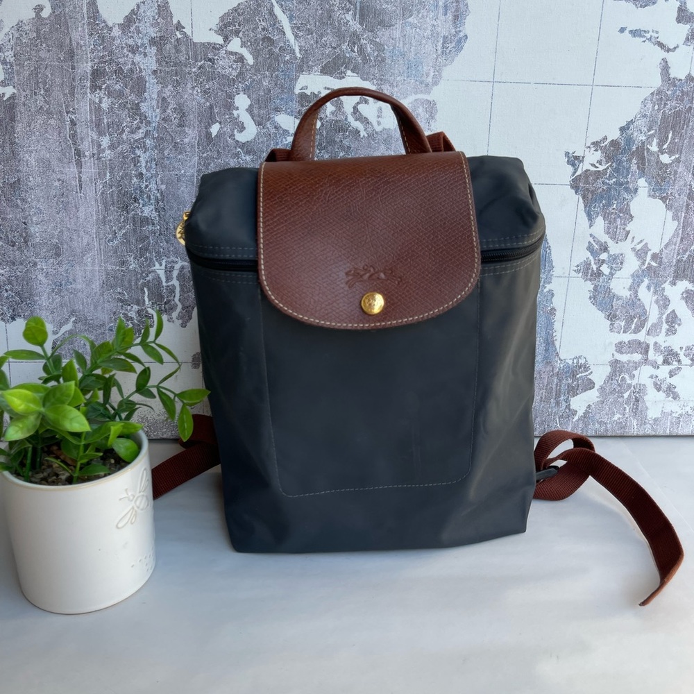 Longchamp Black Nylon Backpack with Brown Leather Flap